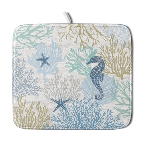 Blue Coral Dish Drying Mat Coastal Starfish Dishes Pad Hanging Drainer Mats Reversible Absorbent Kitchen Counter Protector 16x18 Inch (starfish coral / 16" x 18")