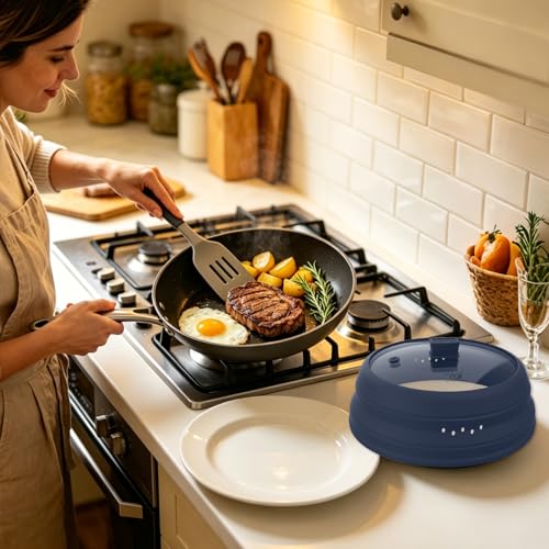 Microwave Splatter Cover Glass Cover Guard Lid with Collapsible Silicone for Food Pot Plate Cover 10.8 inch Dark Blue (DARK BLUE / 10.8 inch)