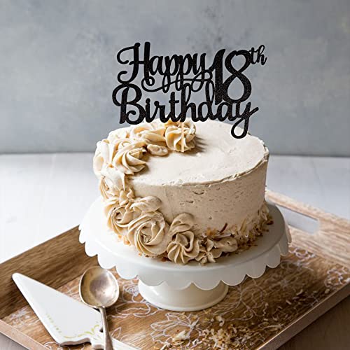 1 PCS Happy 18th Birthday Cake Topper Glitter Cheers to 18 Years Birthday Cake Pick 18 Fabulous Cake Decoration for Happy 18th Birthday Theme Party Decorations Supplies Black (Black / 18th)