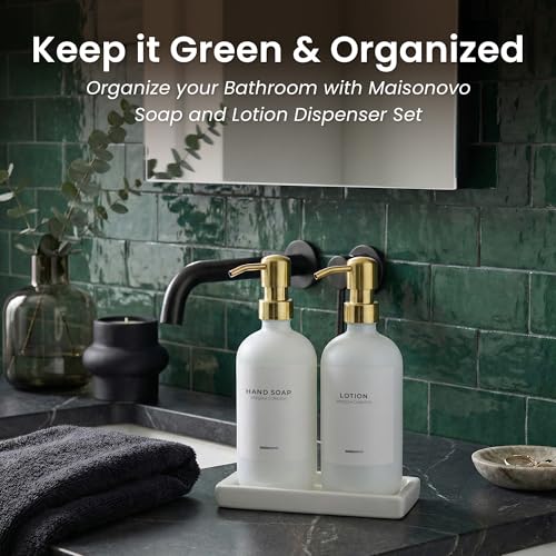 Bathroom Soap Dispenser Set (White Bottles Golden Pumps White Tray)