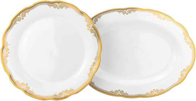Euro Porcelain 57 piece Banquet Dinnerware Set with Scalloped Edges - Luxury Tableware Dining Service for 8