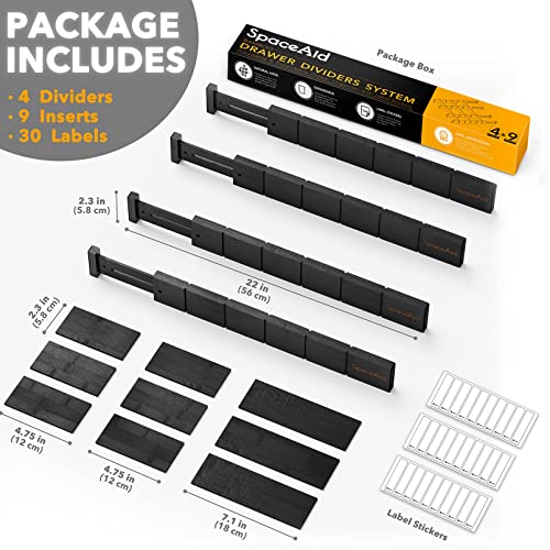 Bamboo Drawer Dividers with Inserts and Labels (2.35''H, 17''-22''L, 4 Dividers / BLACK)