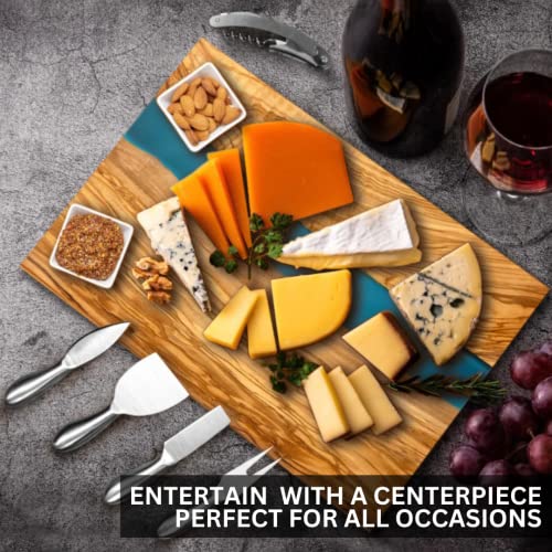Handcrafted Italian Olive Wood Cheese & Charcuterie Board Set with Unique Blue Resin Artwork (Blue)