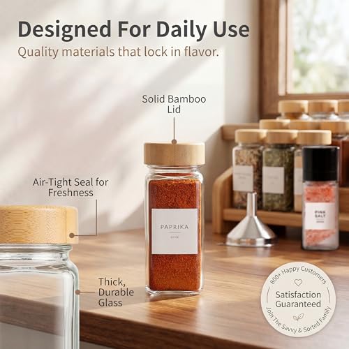 Glass Spice Jars with Label (Square Spice Jars with Bamboo Lids)