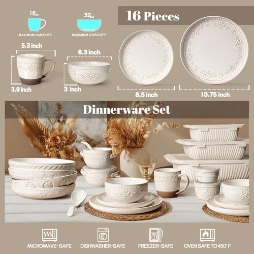 Plates And Bowls Sets (Damask Floral (16 Pieces) (White))