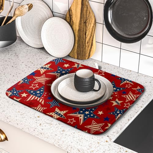 4th of July Dish Drying Mat for Kitchen Counter Patriotic Red Absorbent Dishes Dryer Pad (Patriotic Stars Red / 18" x 16")