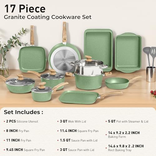 17 Piece Pots and Pans Set (Green / 17 PCS Cookware Set)