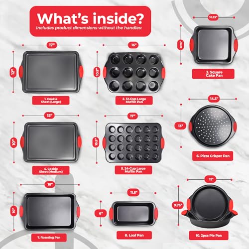 Non-Stick 10-Piece Baking Pan Set, BPA-Free Carbon Steel Bakeware Set with Silicone Handles, Stackable Kitchen Oven Set, Cookie Sheet, Baking Tray, Baking Sheet Set, Oven Safe (446°F) (10 Piece)