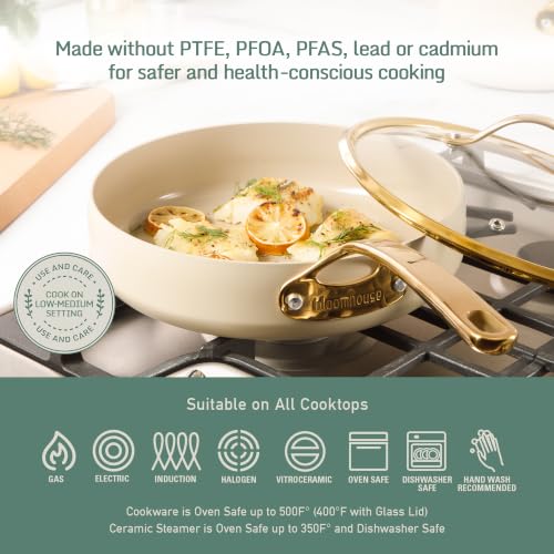 15 Piece Ceramic Nonstick Cookware Set (Almond Cream w/ Gold Handle / 15-Piece Cookware Set)