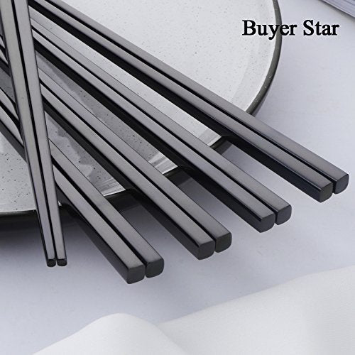 5 Pair Stainless Steel Black Metal Reusable Chinese Square Chopsticks (Black)