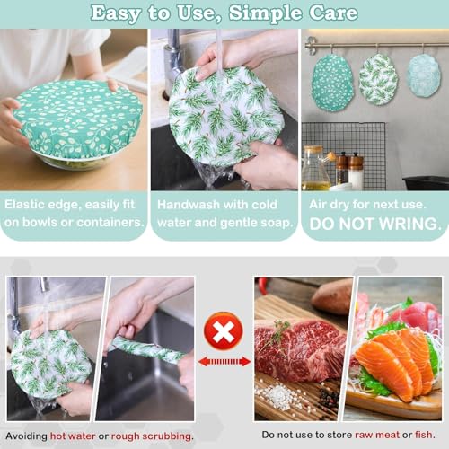 5Pcs Reusable Beeswax Elastic Bowl Covers for Bread Proofing and Food Cover (Green Leaves)