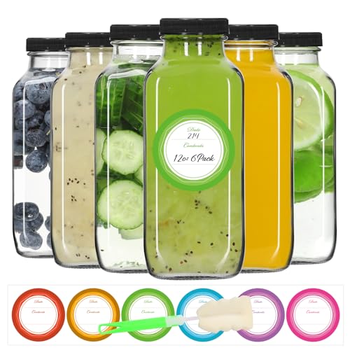 12 oz Glass Juice Bottles with Lids 6 Pack (12 Ounces)