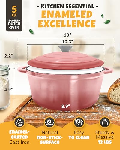 5 QT Cast Iron Bread Oven with Lid for Sourdough Bread Baking Set (Pink / 5QT Round)