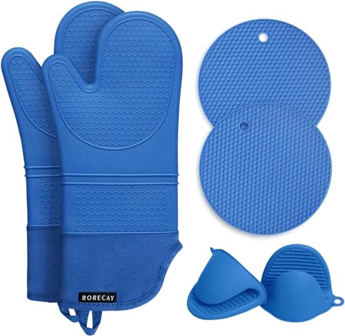 Silicone Oven Mitts and Pot Holders Sets (Blue)