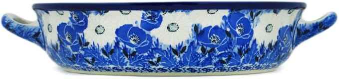 Polmedia Polish Pottery Round Baker with Handles 10-inch UNIKAT - Dancing In The Rain Pattern Handmade in Boleslawiec Poland by Ceramika Artystyczna + Certificate of Authenticity