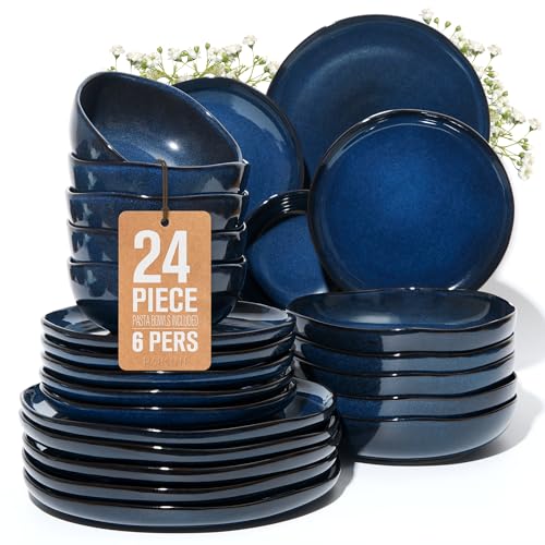 24 Pieces Dinnerware Set for 6 with Pasta Bowls (Starry Blue / Set (24pcs-6))