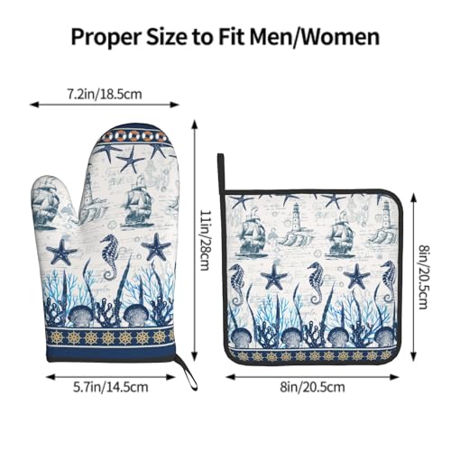 Nautical Sailboat Oven Mitts and Pot Holder Set of 2 Ocean Starfish Heat Resistant Oven Glove Washable Potholder for Kitchen Cooking Baking (Nautical Sailboat)