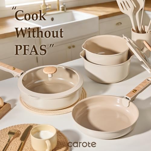 Ceramic Pots and Pans Set (Beech Wood White / 19 Piece)