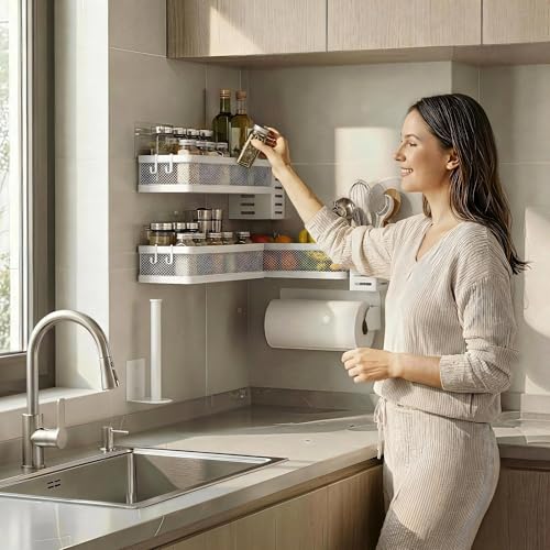 5-in-1 Wide Wall Mount Wrapped Mesh Kitchen Organizer & Shower Caddy Kit, with Paper Towel Holder, Utensil Holder, Soap Dish, Heavy Duty 50LBS - White, Netting (White / 5-in-1 Full Mesh (12.6" Wide))