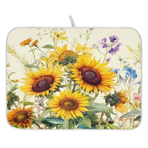 Blooming Sunflowers Dish Drying Mat for Kitchen Counter Absorbent Microfiber Large Drying Pad Dish Mats for Kitchen Countertops 18 x 24 Inch (24" x 18")