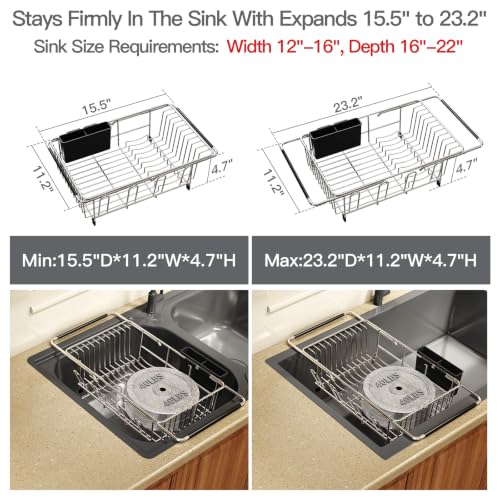 Expandable Dish Drying Rack Over Sink with Anti (Silver / For 11.5"-16" W Sink with Cup Holder)