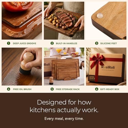 Acacia Cutting Board Set of 3 with Stand for Kitchen Prep