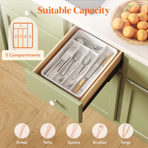 Silverware Drawer Organizer Tray (White / 9.5 x 13.4 inch (5 Slots))