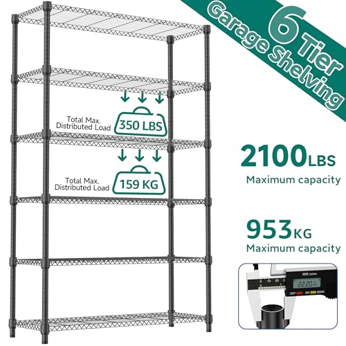 2100LBS 47.2" W 6 Tiers Shelf Storage Shelves Metal Shelving Unit Heavy Duty Garage Shelving Adjustable Wire Shelves for Pantry (6 Tiers, 17.7"D x 47.2"W x 82.4"H / Black)