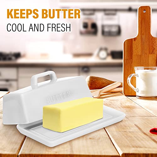 Ceramic Butter Dish Set with Lid and Knife (White)