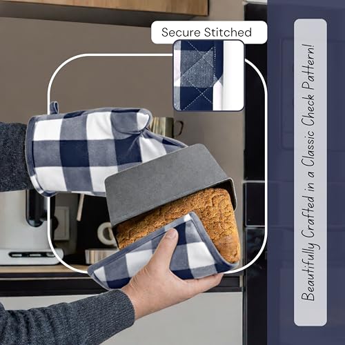 Buffalo Plaid Check Oven Mitts and Pot Holders Set of 4 (Buffalo, Navy Blue)