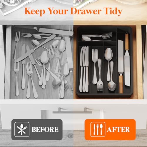 Silverware Drawer Organizer Tray (Black / 9.5 x 13.4 inch (5 Slots))
