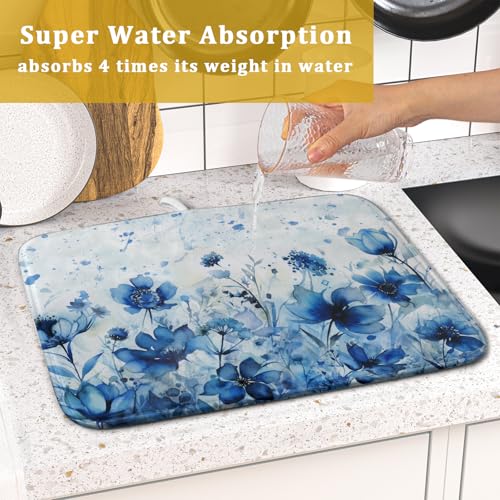Blue Floral Dish Drying Mat for Kitchen Counter Watercolor Leaves Dishes Drainer Rack Mat Absorbent Microfiber Dish Draining Pad 16x18 Inch (Watercolor Blue Floral / 16" x 18")