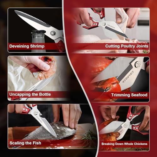 Kitchen Shears Set for Food with Sharp Bone (Bright Red)