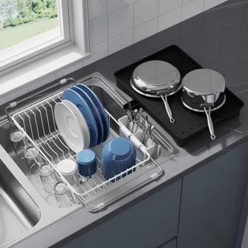 White Dish Drying Rack in Sink with Drainboard and Utensil Holder (White / For 12"-30"w Sink, with Drainboard)