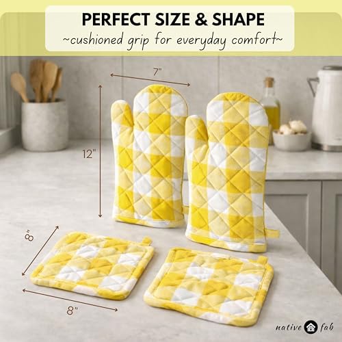 Buffalo Plaid Check Oven Mitts and Pot Holders Set of 4 (Buffalo, Lemon Yellow)