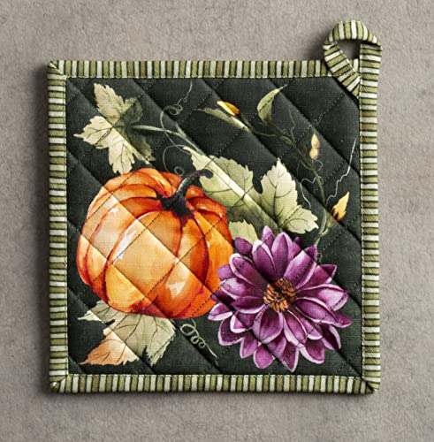 Pot Holders 100% Cotton Potholders (026 - Pumpkin Garden - Dark Green / 8" x 8" (Pot Holder Pack of 2))