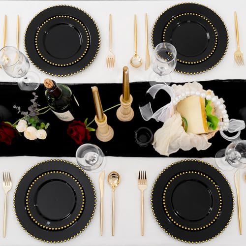 100pcs Black Plastic Plates with Gold Beads for Wedding Party (Black and Gold Plastic Plates / 100PCS)