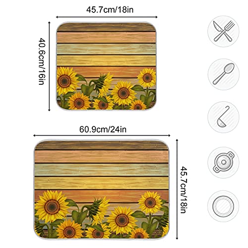 Super Absorbent Dish Drying Mat (Sunflower On Wooden Board Vintage / 18" x 24")