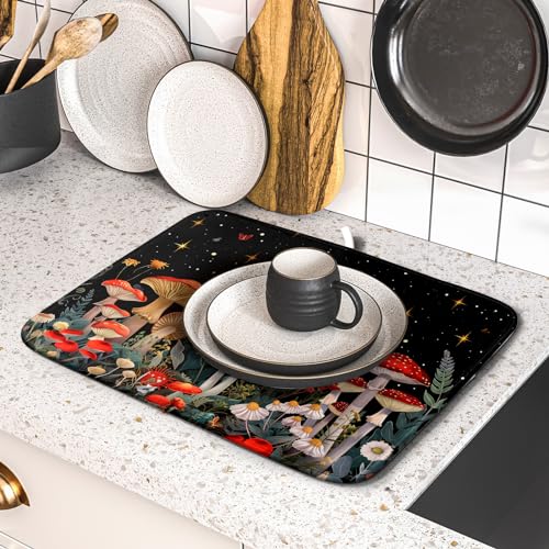 Black Mushroom Dish Drying Mat for Kitchen Counter Leaves Botanical Microfiber Dish Rack Mat Drainer Pad Washable Absorbent Dry Mat 16x18 Inch (Black Mushroom / 16" x 18")