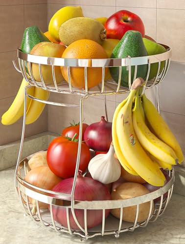 2 Tier Fruit Bowl for Kitchen Counter (Silver / 2 Tier Extra Large)