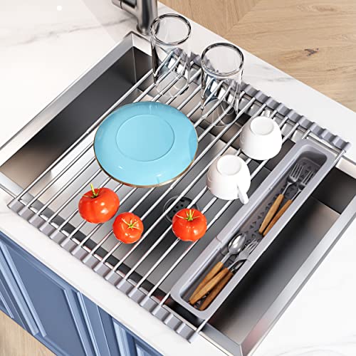 Roll Up Dish Drying Rack for Kitchen Sink with Utensil Holder (Gray / Roll Up, 12.8" - 23.8" D x 15.5" W)