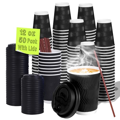 12 oz Disposable Paper Coffee Cups with Lids & Straws