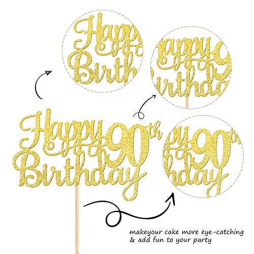 1 PCS Happy 90th Birthday Cake Topper Gold Glitter Cheers to 90 Years Birthday Cake Pick 90 Fabulous Cake Decoration for Happy 90th Birthday Theme Party Decorations Supplies (Gold / 90th)