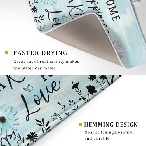 Blue Daisy Dish Drying Mat 18x24 Inch Love Kitchen Absorbent Microfiber Washable Fast Drying Pad Dishes Rack Mat for Kitchen Counter (home happiness blue / 18" x 24")