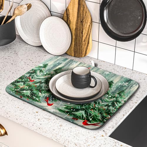 Winter Pine Tree Dish Drying Mat Red Bird Berry Dishes Drainer Mats Absorbent Microfiber Kitchen Counter Protector Drying Mats 16x18 Inch (Winter Pine Tree / 16" x 18")