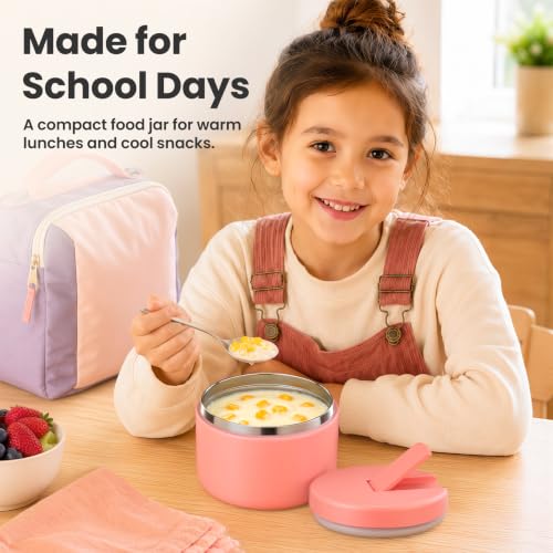 12oz Insulated Vacuum Food Jar with Buckle Lid Wide Mouth Soup Thermo for Hot Food Kids Leakproof Stainless Steel Lunch Container (Pink / 12OZ)