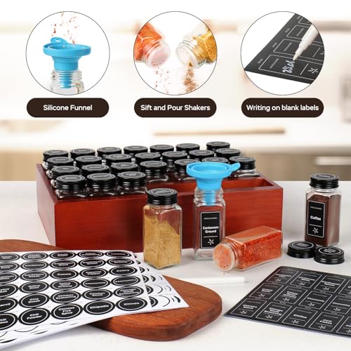 Bamboo Spice Rack Organizer with 28 Glass Spice Jars 4 oz Set Cherry Stain (28 Count)