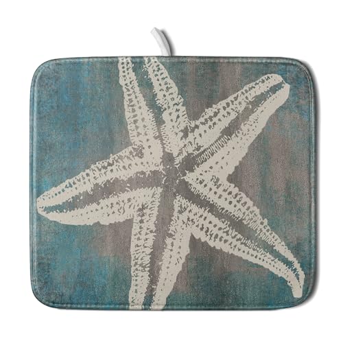 Vintage Starfish Dish Drying Mat Coastal Beachy Nautical Drainer Rack Mat 16"x18" Absorbent Washable Dish Dry Pad for Kitchen Counter Sink (Vintage Starfish / 16" x 18")