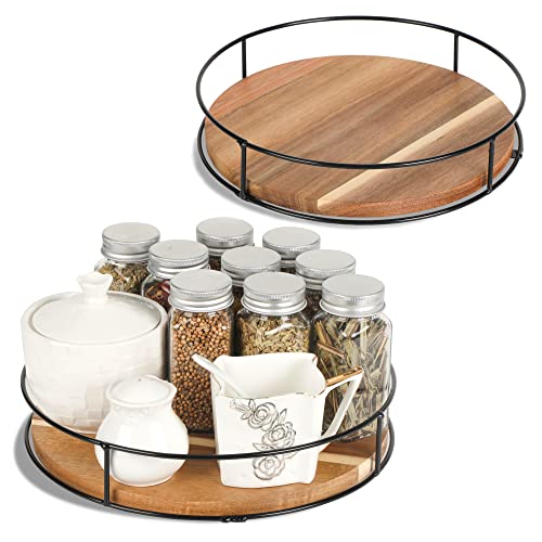 2 Pack ] 9" & 10" Acacia Wood Lazy Susan Organizers with Steel Sides