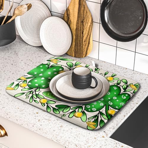 St Patrick's Day Shamrock Dish Drying Mat 16x18 inch Eucalyptus Leaves Dishes Pad Dish Drainer Mats Absorbent Fast Dry Kitchen Accessories (Shamrock Leaves / 16" x 18")